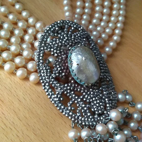 RARE SANDOR 7-Layer Glass Pearl Choker w L W PARIS Cut Steel Slide Buckle - Picture 7 of 16